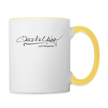 Dackelfieber Schriftzug schwarz - Tasse zweifarbig - Weiß/Gelb - Rechts