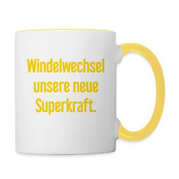 Windelwechsel – unsere neue Superkraft - Tasse zweifarbig - Weiß/Gelb - Rechts