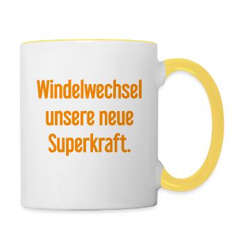 Windelwechsel – unsere neue Superkraft - Tasse zweifarbig - Weiß/Gelb - Rechts