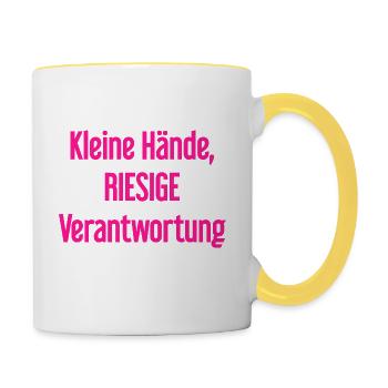 Kleine Hände, riesige Verantwortung Eltern-Spruch - Tasse zweifarbig - Weiß/Gelb - Rechts