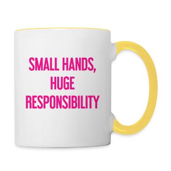 Small Hands, Huge Responsibility Parent Saying - Contrasting Mug - white/yellow - Right