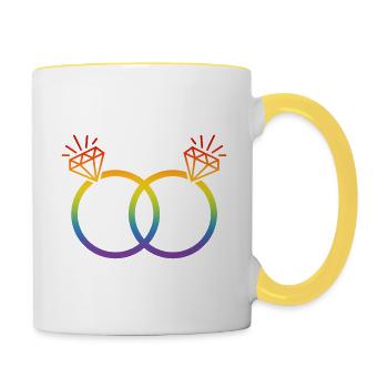 Alliances LGBT Mariage Enterrement de vie de garçon Couple Arc-en-ciel Diamant - Mug contrasté - blanc/jaune - Droite