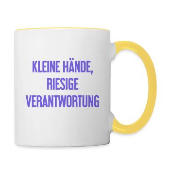 Kleine Hände, riesige Verantwortung Eltern-Spruch - Tasse zweifarbig - Weiß/Gelb - Rechts
