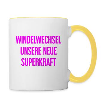 Windelwechsel – unsere neue Superkraft - Tasse zweifarbig - Weiß/Gelb - Rechts