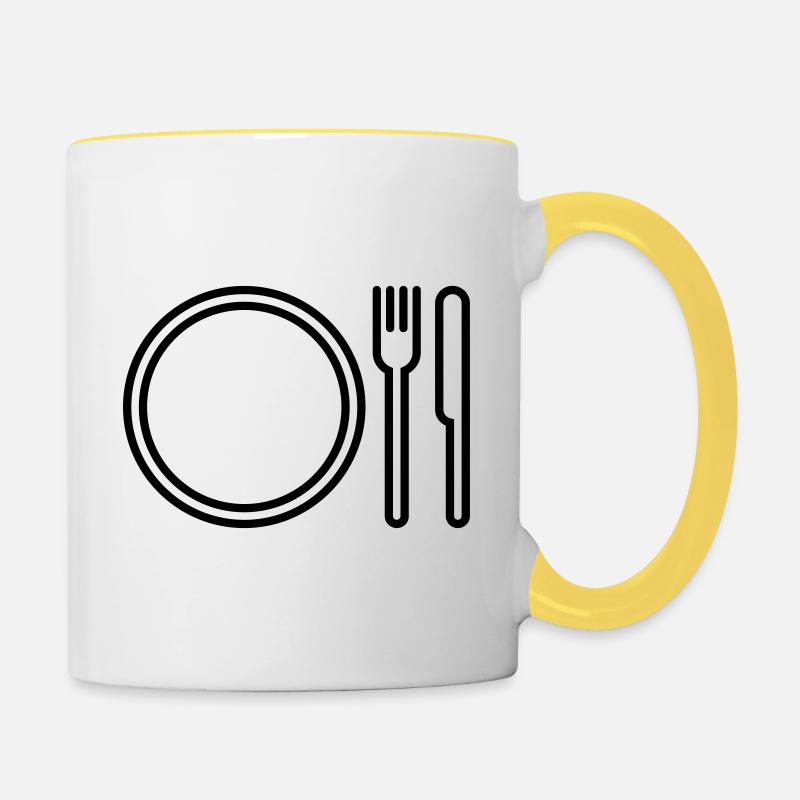 Teller, Gabel und Messer - Tasse zweifarbig - Weiß/Gelb