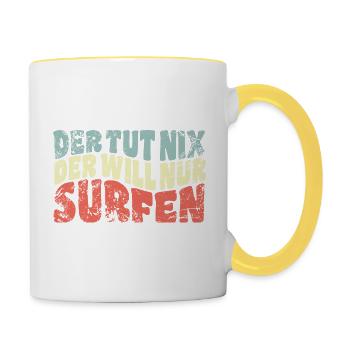 Der tut nix, der will nur surfen - Welle - Spruch - Tasse zweifarbig - Weiß/Gelb - Rechts