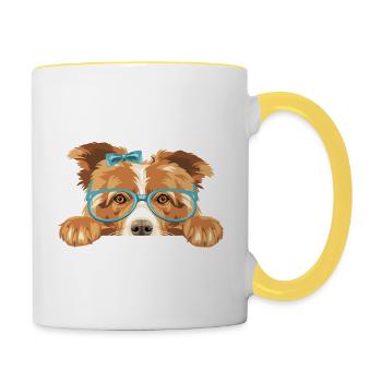 Peeking Border Collie Hund mit Schleife und Brille - Tasse zweifarbig - Weiß/Gelb - Rechts