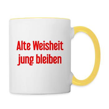 Alte Weisheit, jung bleiben – Lebensfroher Spruch - Tasse zweifarbig - Weiß/Gelb - Rechts
