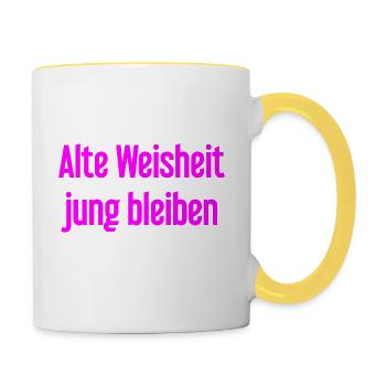 Alte Weisheit, jung bleiben – Lebensfroher Spruch - Tasse zweifarbig - Weiß/Gelb - Rechts