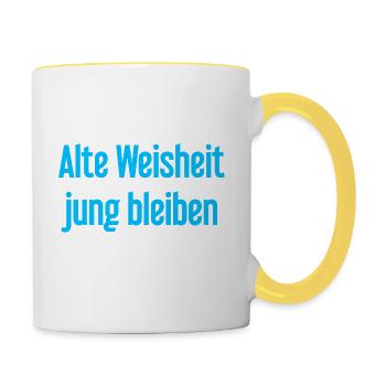 Alte Weisheit, jung bleiben – Lebensfroher Spruch - Tasse zweifarbig - Weiß/Gelb - Rechts