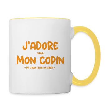 j'adore quand mon Copain laisse partir en soirée - Mug contrasté - blanc/jaune - Droite