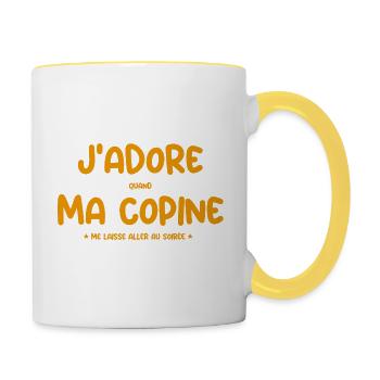 J’aime quand ma copine me laisse partir en soirée - Mug contrasté - blanc/jaune - Droite