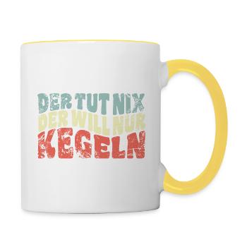 Der tut nix, der will nur kegeln - Spruch - Tasse zweifarbig - Weiß/Gelb - Rechts
