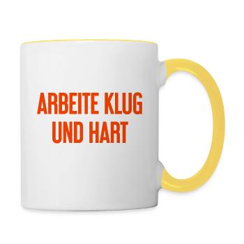 Arbeite Klug Und Hart – Erfolgs-Motto für Macher - Tasse zweifarbig - Weiß/Gelb - Rechts