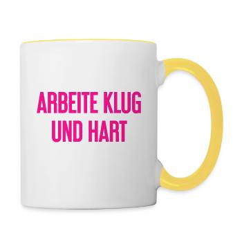 Arbeite Klug Und Hart – Erfolgs-Motto für Macher - Tasse zweifarbig - Weiß/Gelb - Rechts