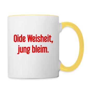 Oide Weisheit, jung bleim – Bavarian saying - Contrasting Mug - white/yellow - Right