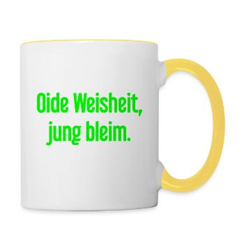 Oide Weisheit, jung bleim – Bavarian saying - Contrasting Mug - white/yellow - Right