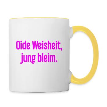 Oide Weisheit, jung bleim – Bavarian saying - Contrasting Mug - white/yellow - Right