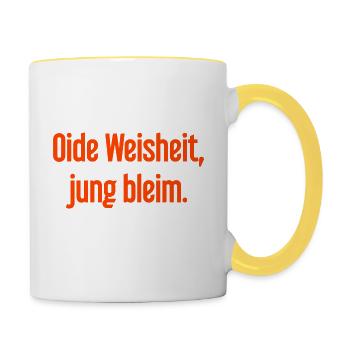 Oide Weisheit, jung bleim – Bavarian saying - Contrasting Mug - white/yellow - Right