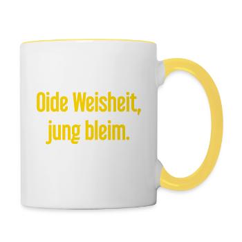 Oide Weisheit, jung bleim – Bavarian saying - Contrasting Mug - white/yellow - Right