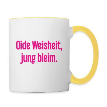 Oide Weisheit, jung bleim – Bavarian saying - Contrasting Mug - white/yellow - Right
