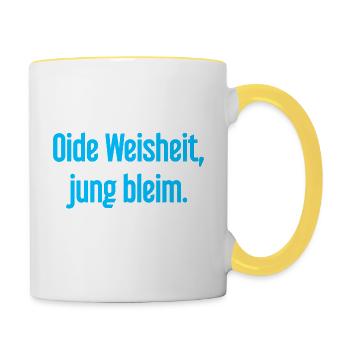 Oide Weisheit, jung bleim – Bavarian saying - Contrasting Mug - white/yellow - Right