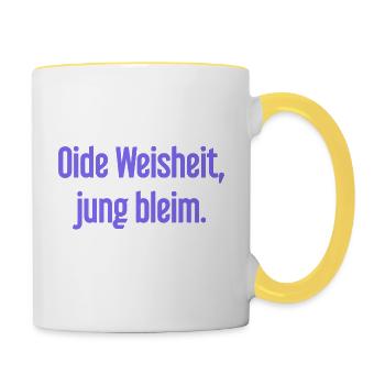 Oide Weisheit, jung bleim – Bavarian saying - Contrasting Mug - white/yellow - Right