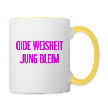Oide Weisheit, jung bleim – Bavarian saying - Contrasting Mug - white/yellow - Right