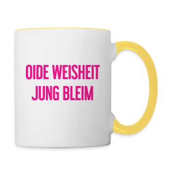 Oide Weisheit, jung bleim – Bavarian saying - Contrasting Mug - white/yellow - Right