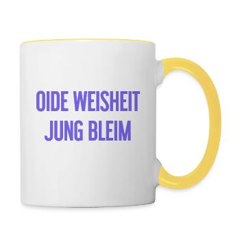 Oide Weisheit, jung bleim – Bavarian saying - Contrasting Mug - white/yellow - Right