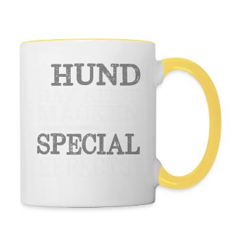 Mein Tier hat Macken Tierfreund Hund Katze Pferd - Tasse zweifarbig - Weiß/Gelb - Rechts