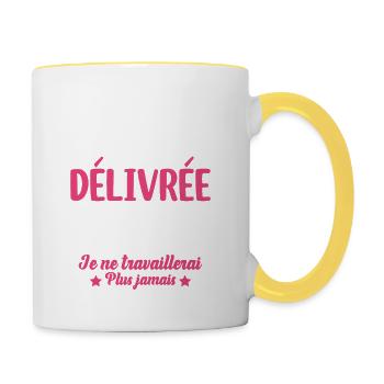 Libérée Délivrée Retraitée Retraite Cadeau Fun - Mug contrasté - blanc/jaune - Droite
