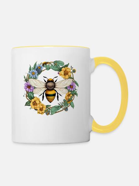 Blumenkranz mit Biene - Tasse zweifarbig - Weiß/Gelb