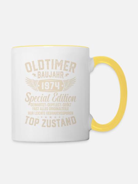 Kultiges 1974er Oldtimer-Geschenk - Tasse zweifarbig - Weiß/Gelb