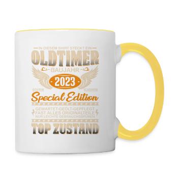 Einzigartiger Oldtimer 2023 - Tasse zweifarbig - Weiß/Gelb - Rechts