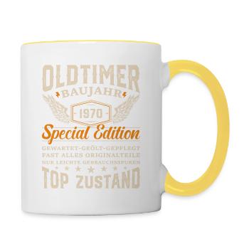 Klassiker '70: 54 Jahre Geburtstagsfreude - Tasse zweifarbig - Weiß/Gelb - Rechts