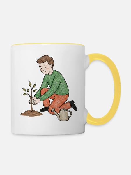 Junger Gärtner pflanzt einen Trieb - Tasse zweifarbig - Weiß/Gelb