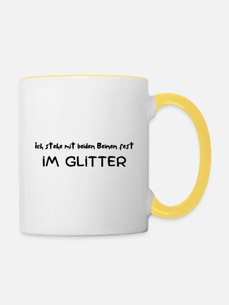 Ich stehe mit beiden Beinen fest im Glitter - Tasse zweifarbig - Weiß/Gelb