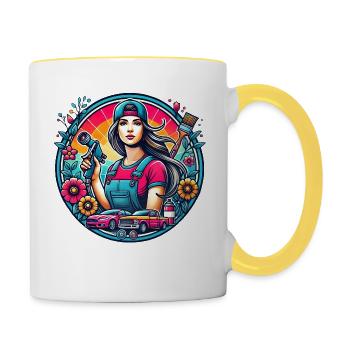 Lack- Automädchen - Tasse zweifarbig - Weiß/Gelb - Rechts