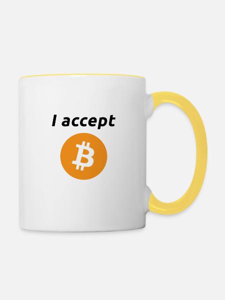 I accept Bitcoins (schwarze Schrift) - Tasse zweifarbig - Weiß/Gelb
