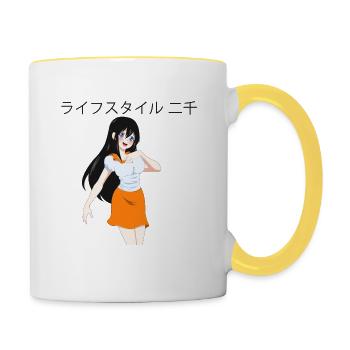 Anime girl 01 text "Lifestyle2000" in Japanese - Contrasting Mug - white/yellow - Right