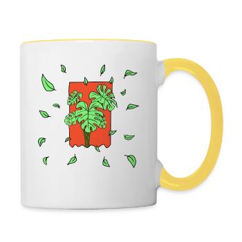 feuilles vertes fond rouge - Mug contrasté - blanc/jaune - Droite