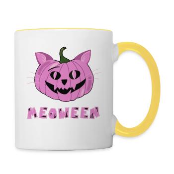 Halloween Miaouan Chat Jack O Lanterne Citrouille Rose - Mug contrasté - blanc/jaune - Droite