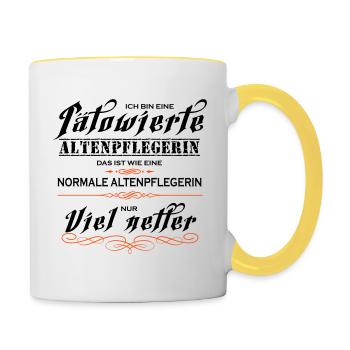 Tätowierte Altenpflegerin ist netter! - Tasse zweifarbig - Weiß/Gelb - Rechts