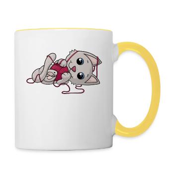 chat bande dessinée douce - Mug contrasté - blanc/jaune - Droite