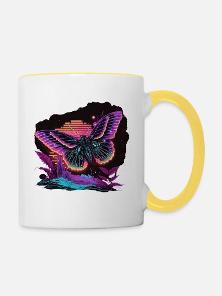 Glühender Vaporwave Schmetterling - Tasse zweifarbig - Weiß/Gelb