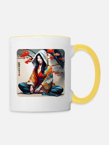 Geisha in Buddha Position - Tasse zweifarbig - Weiß/Gelb