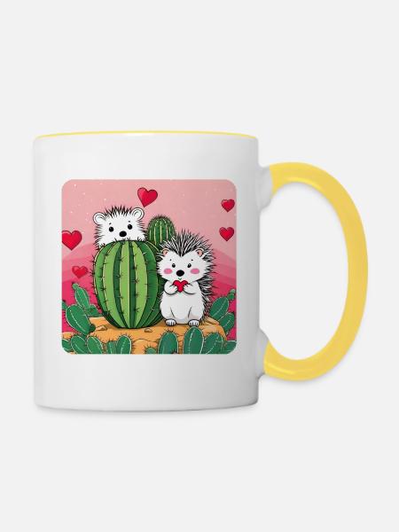 Igel Paar mit Kaktus - Tasse zweifarbig - Weiß/Gelb