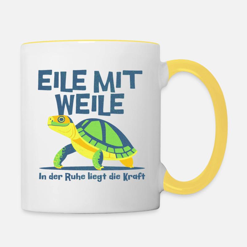 Lustige Schildkröte mit Spruch: Eile mit Weile - Tasse zweifarbig - Weiß/Gelb