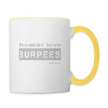 love burpees - bright T-Shirt - Tasse zweifarbig - Weiß/Gelb - Rechts